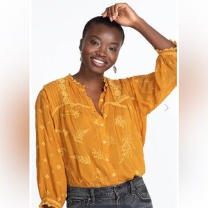 Sz S Johnny Was Fern Lily embroidered blouse button front mustard terracotta